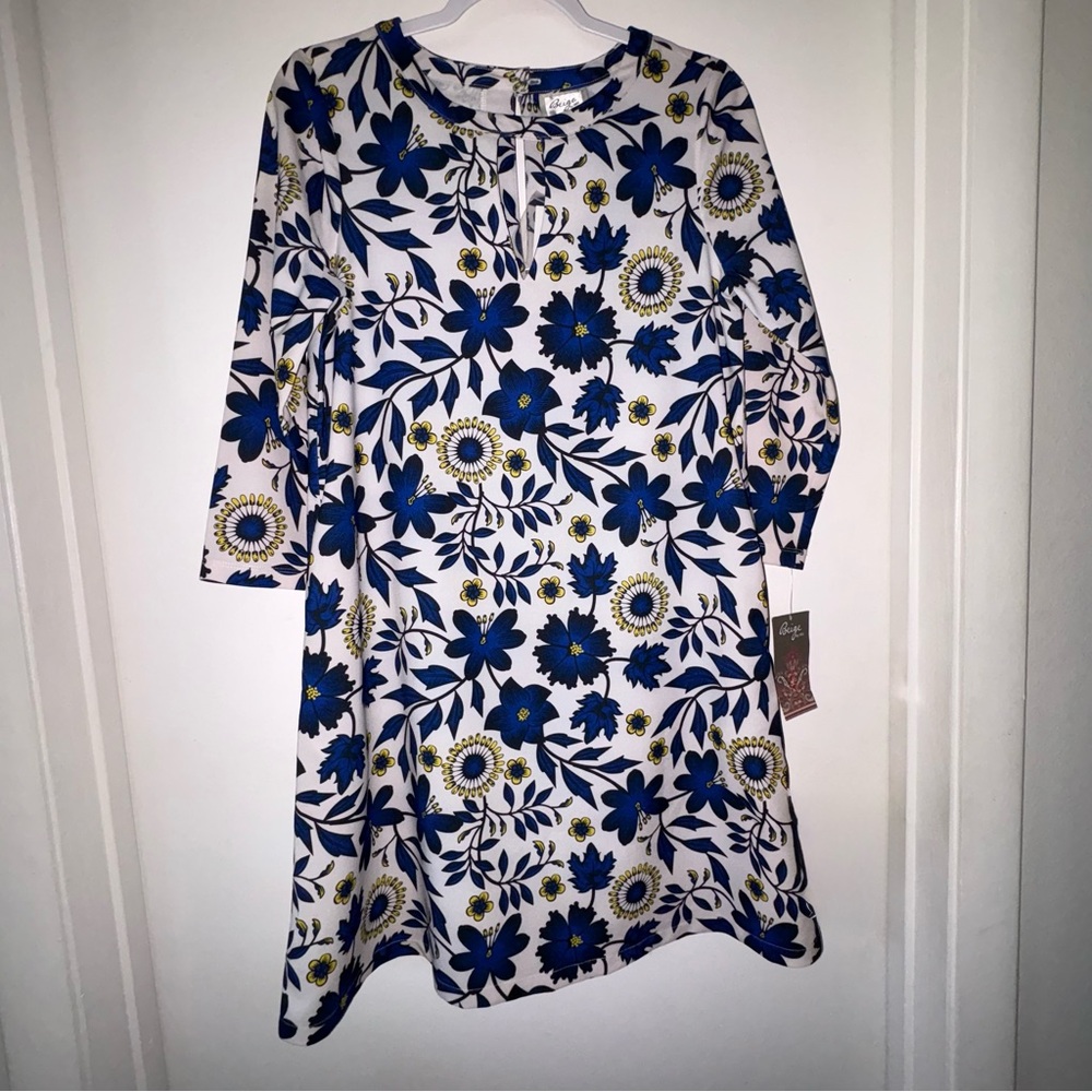ECI Blue, White and Yellow Sundress with 3/4 Sleeves